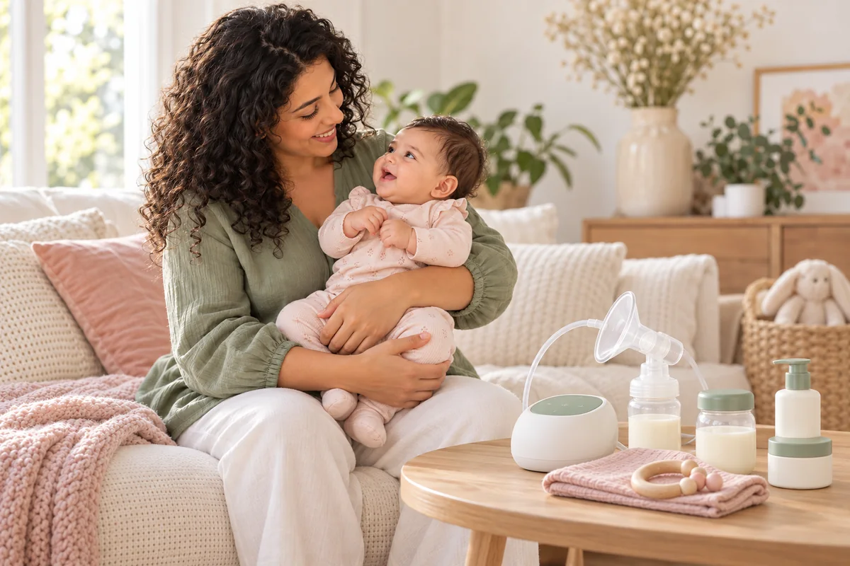 Une mère et son bébé à côté d’accessoires de puériculture et d’un tire-lait