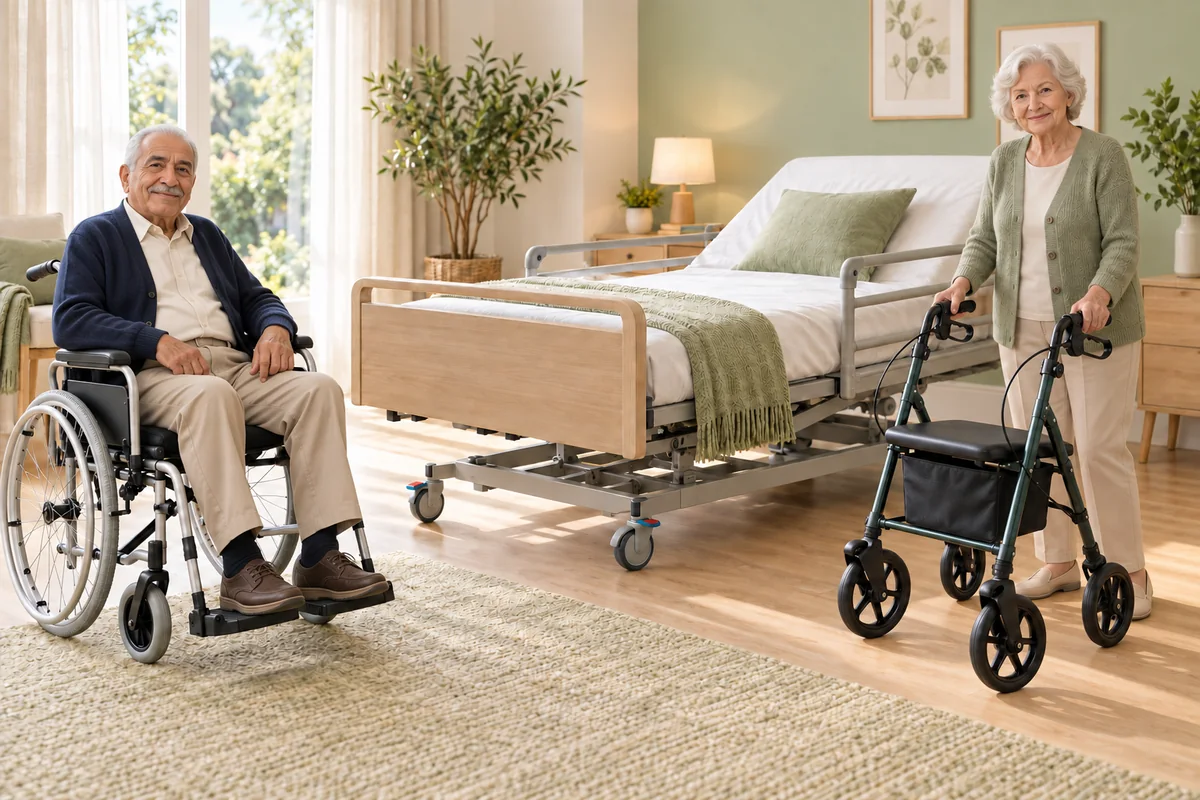 Un couple senior avec un fauteuil roulant et un rollator dans un intérieur lumineux