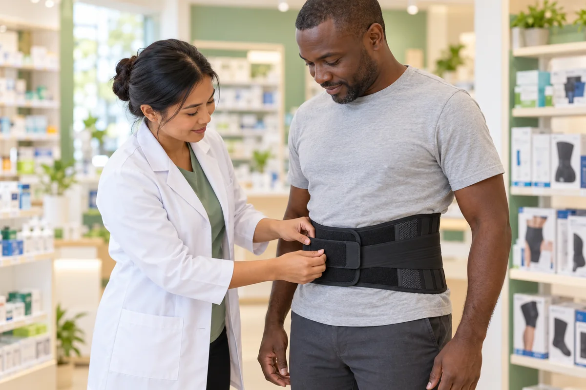 Une pharmacienne conseille un client pour l’ajustement d’une ceinture lombaire